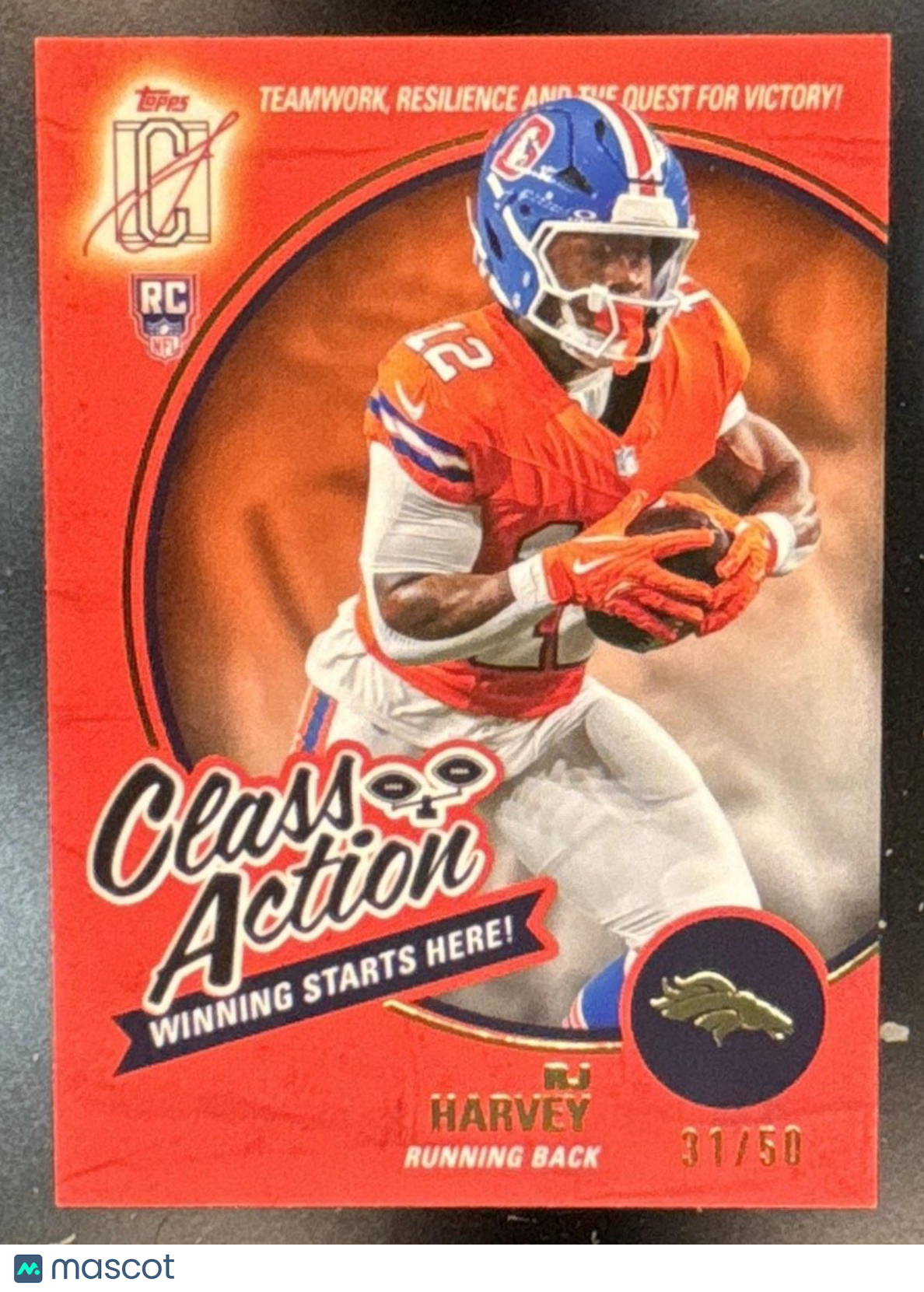 2025 Topps Signature Class RJ Harvey Action Orange Foil /50 RC Denver Broncos