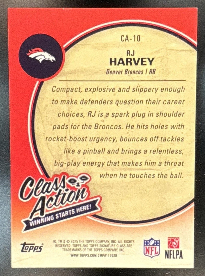 2025 Topps Signature Class RJ Harvey Action Orange Foil /50 RC Denver Broncos