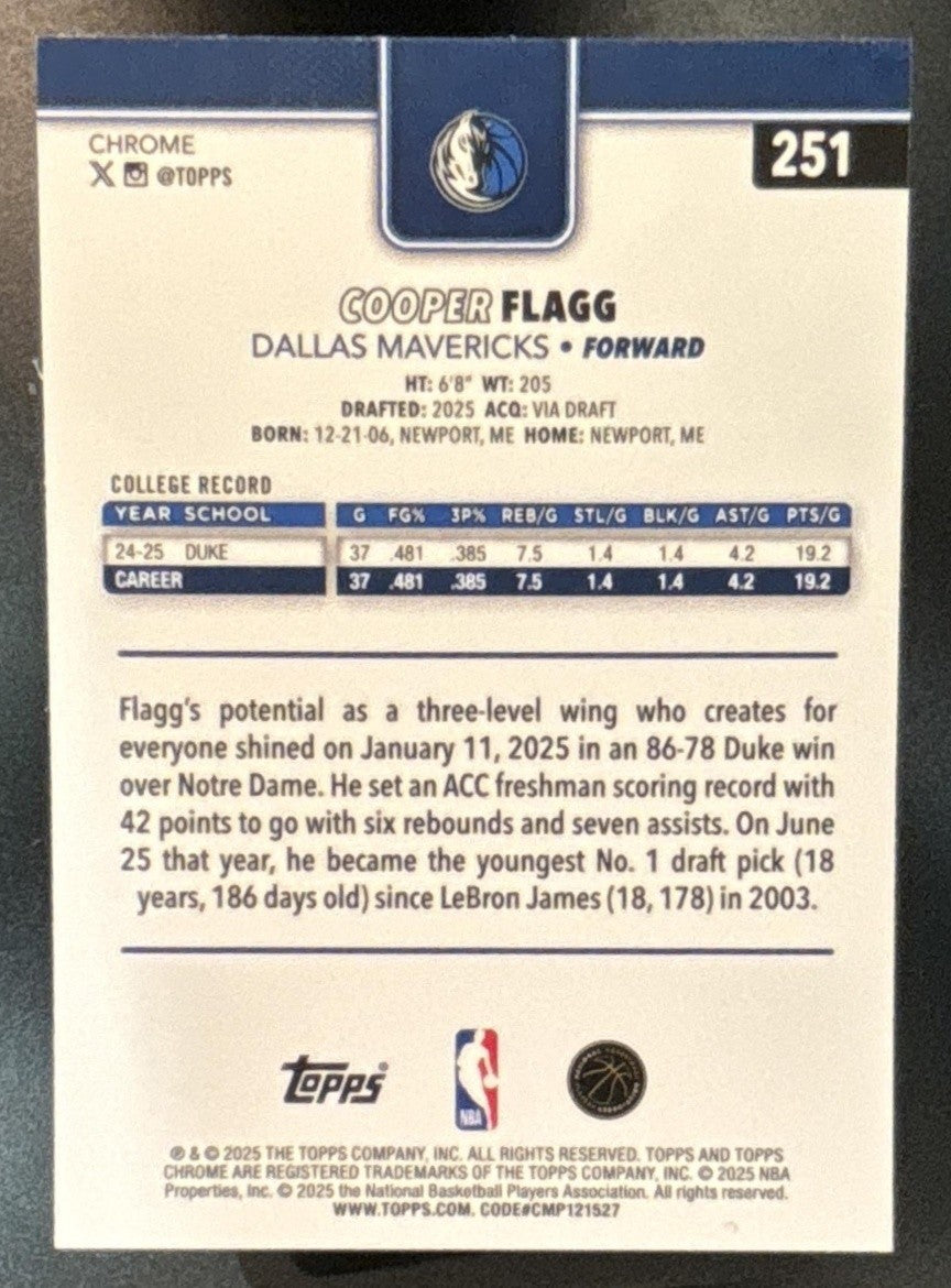 2025-26 Topps Chrome Cooper Flagg Basketball Refractor #251 RC Dallas Mavericks