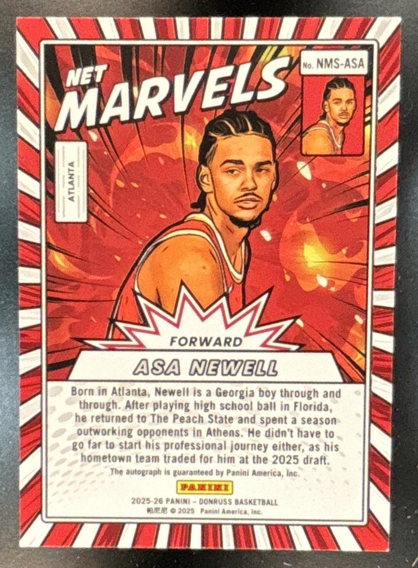 2025-26 Donruss Asa Newell Net Marvels Signatures /25 #13 RC Auto Atlanta Hawks