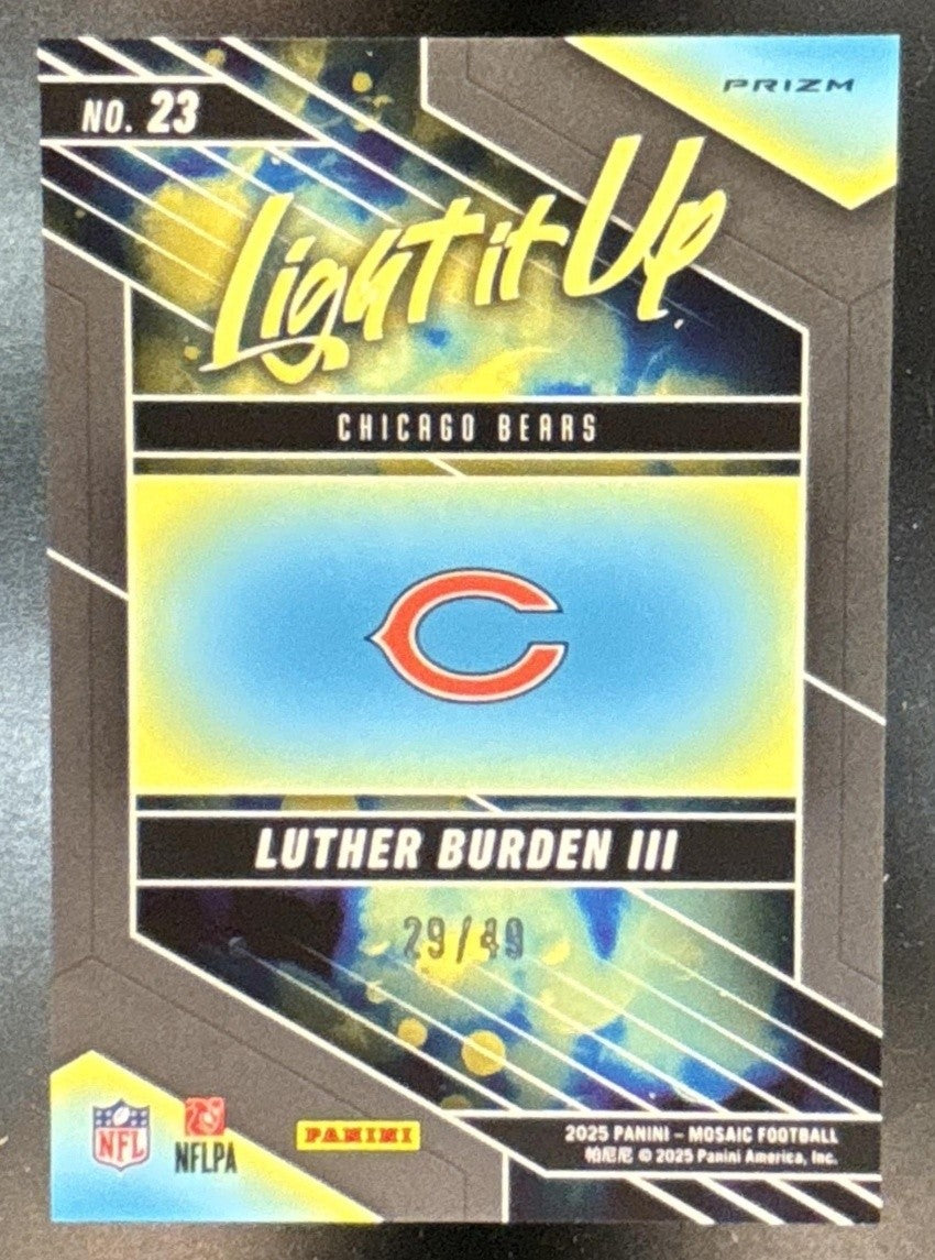 2025 Panini Mosaic Luther Burden III Light it Up Purple /49 #23 RC Chicago Bears