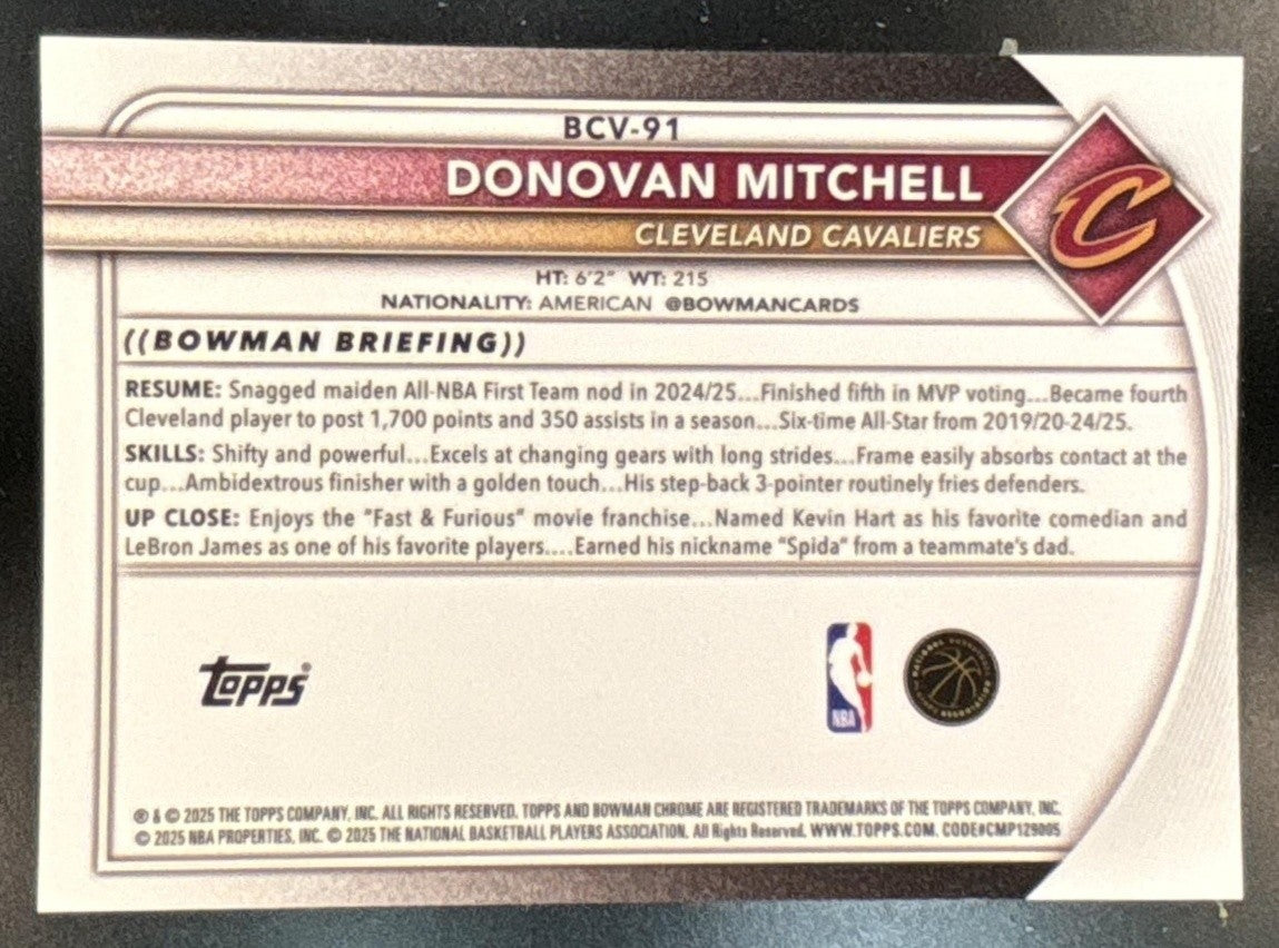 2025-26 Bowman Donovan Mitchell Chrome Reptilian Gold /50 #BCV-91 Cavaliers