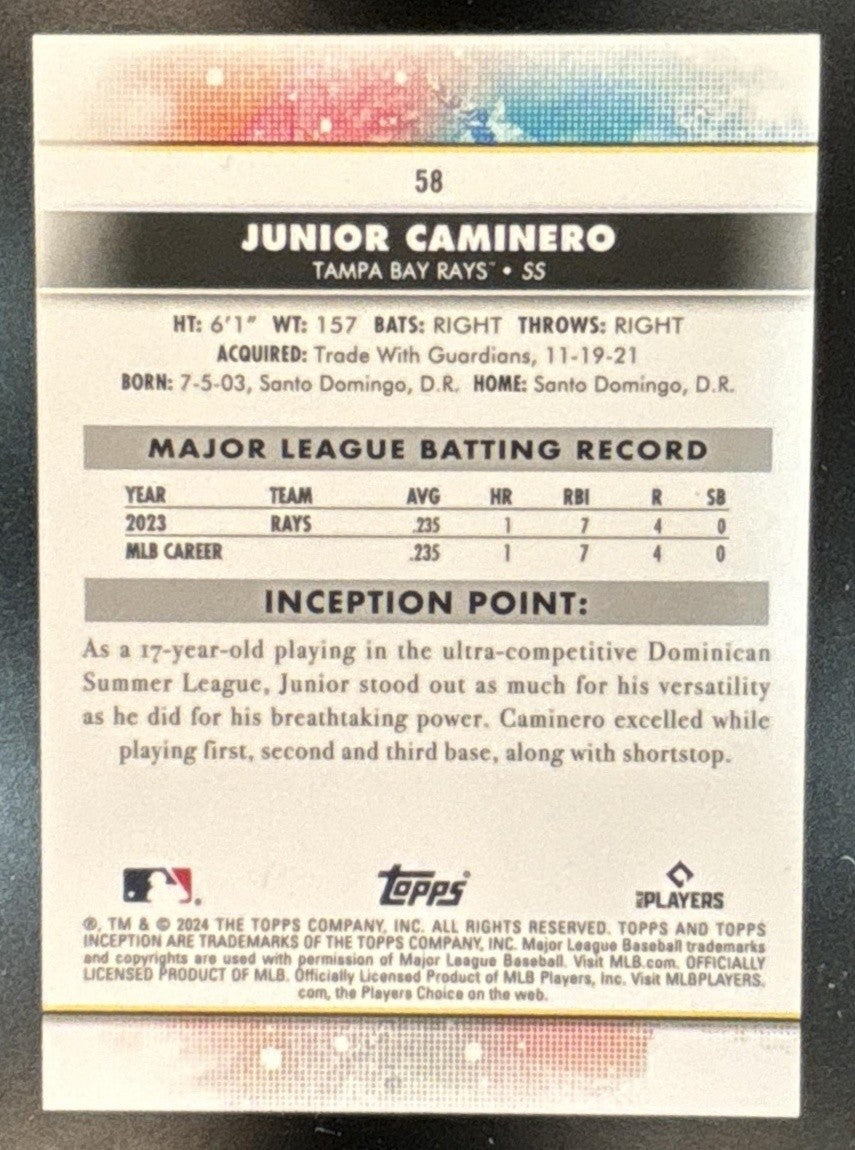 2024 Topps Inception Junior Caminero Gold Electricity /50 #58 RC Tampa Bay Rays