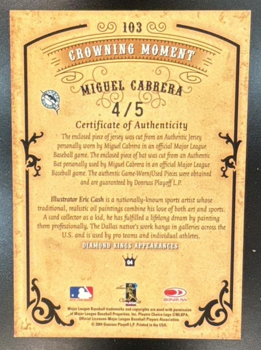 2004 Donruss Diamond Kings Miguel Cabrera DK Combos Gold /5 #103 MEM Auto WOW