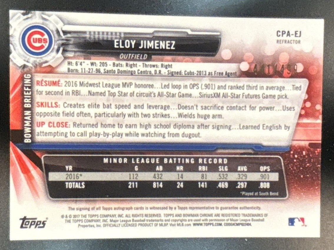 2017 Bowman Eloy Jimenez Chrome Prospect Auto Refractor /499 Chicago Cubs