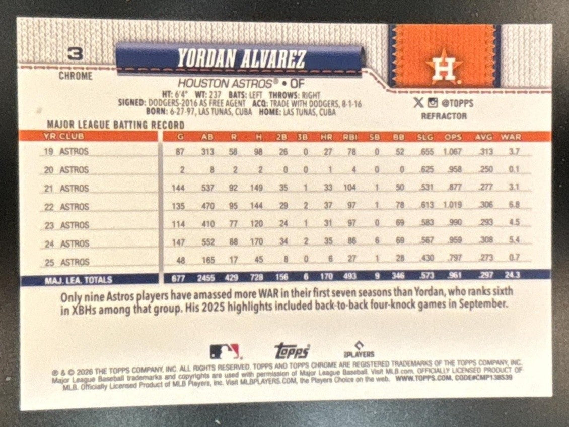 2026 Topps Chrome Yordan Alvarez Refractor #3 Houston Astros