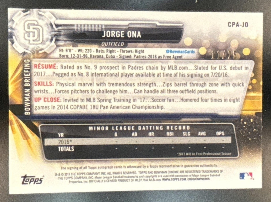 2017 Bowman Chrome Jorge Ona Prospect Auto Orange Wave /25 San Diego Padres