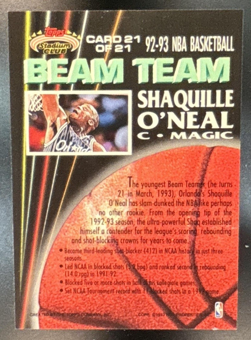 1992-93 Topps Stadium Club Shaquille O'Neal Beam Team (EX) #21 RC Orlando Magic