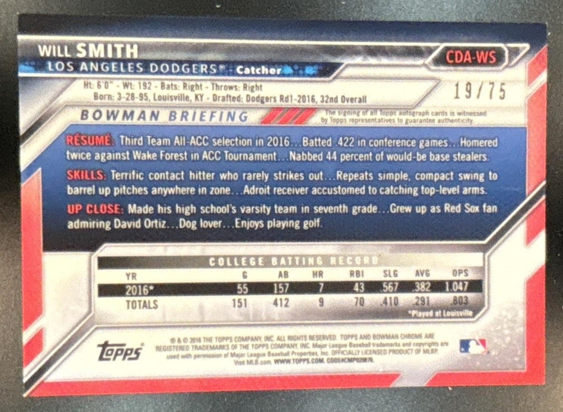 2016 Bowman Draft Will Smith Chrome Pick Auto Black /75 Los Angeles Dodgers