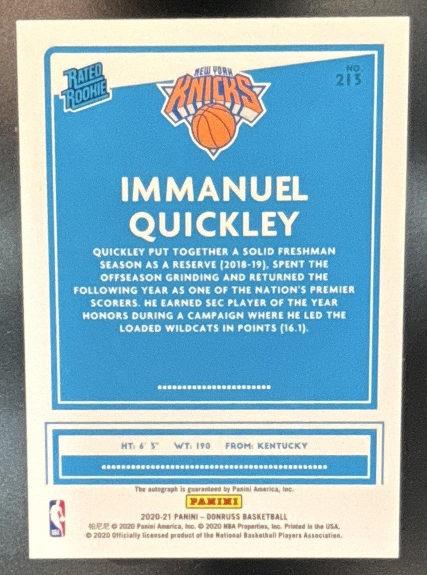 2020-21 Donruss Immanuel Quickley Signatures Purple Laser /15 RC Auto Knicks