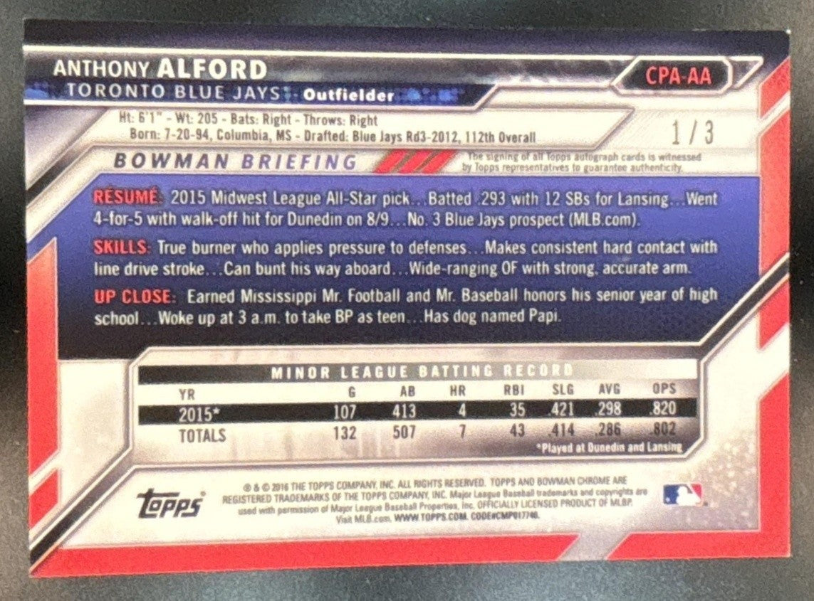 2016 Bowman Anthony Alford Chrome Prospect Auto Light Blue /3 Toronto Jays