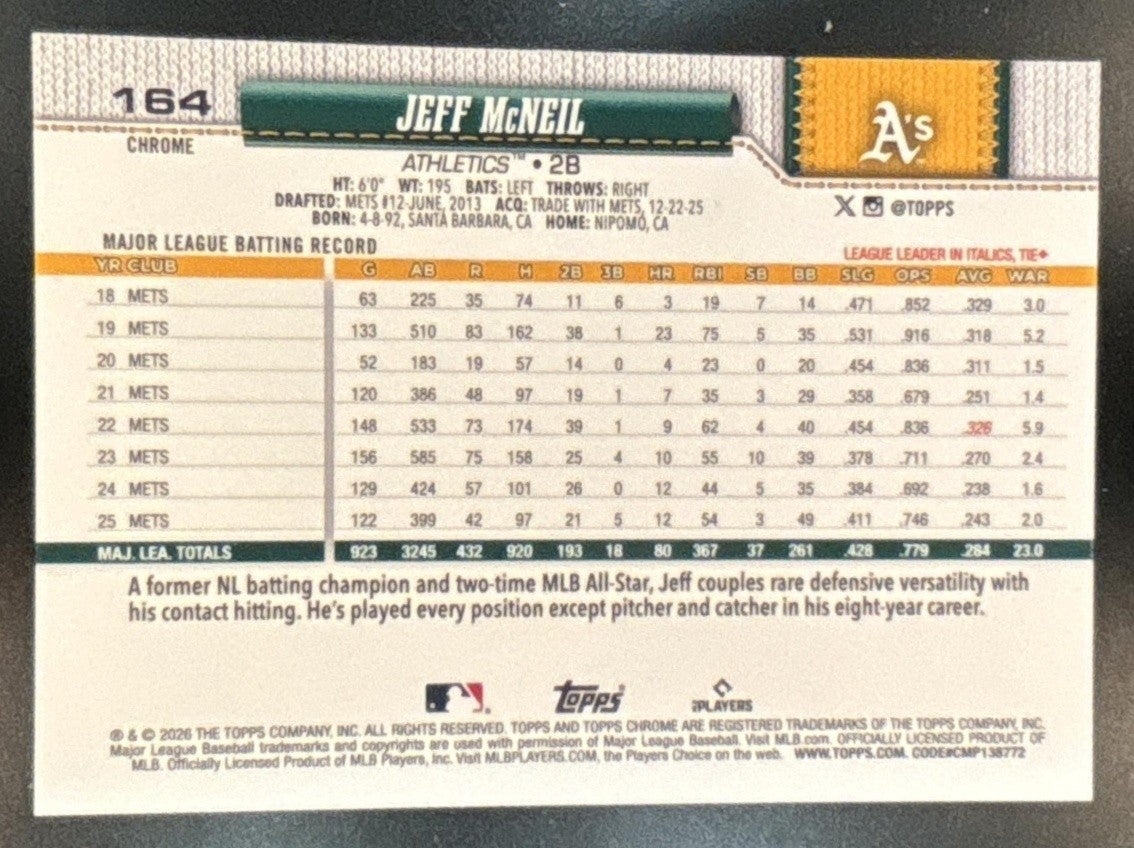 2026 Topps Chrome Jeff McNeil Lightboard Logo Variation #164 Athletics