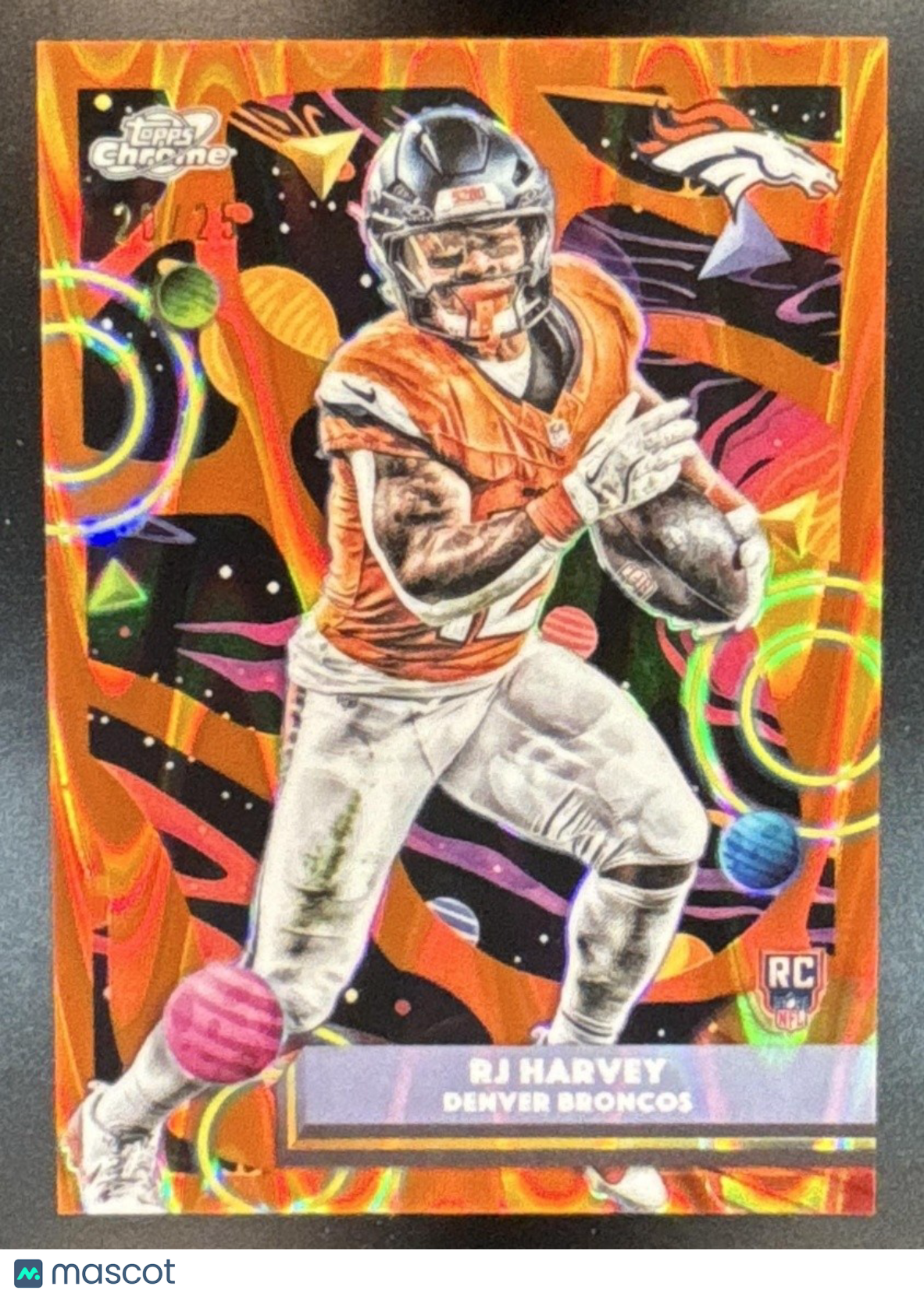 2025 Topps Cosmic Chrome RJ Harvey Orange Galactic /25 #132 RC Denver Broncos