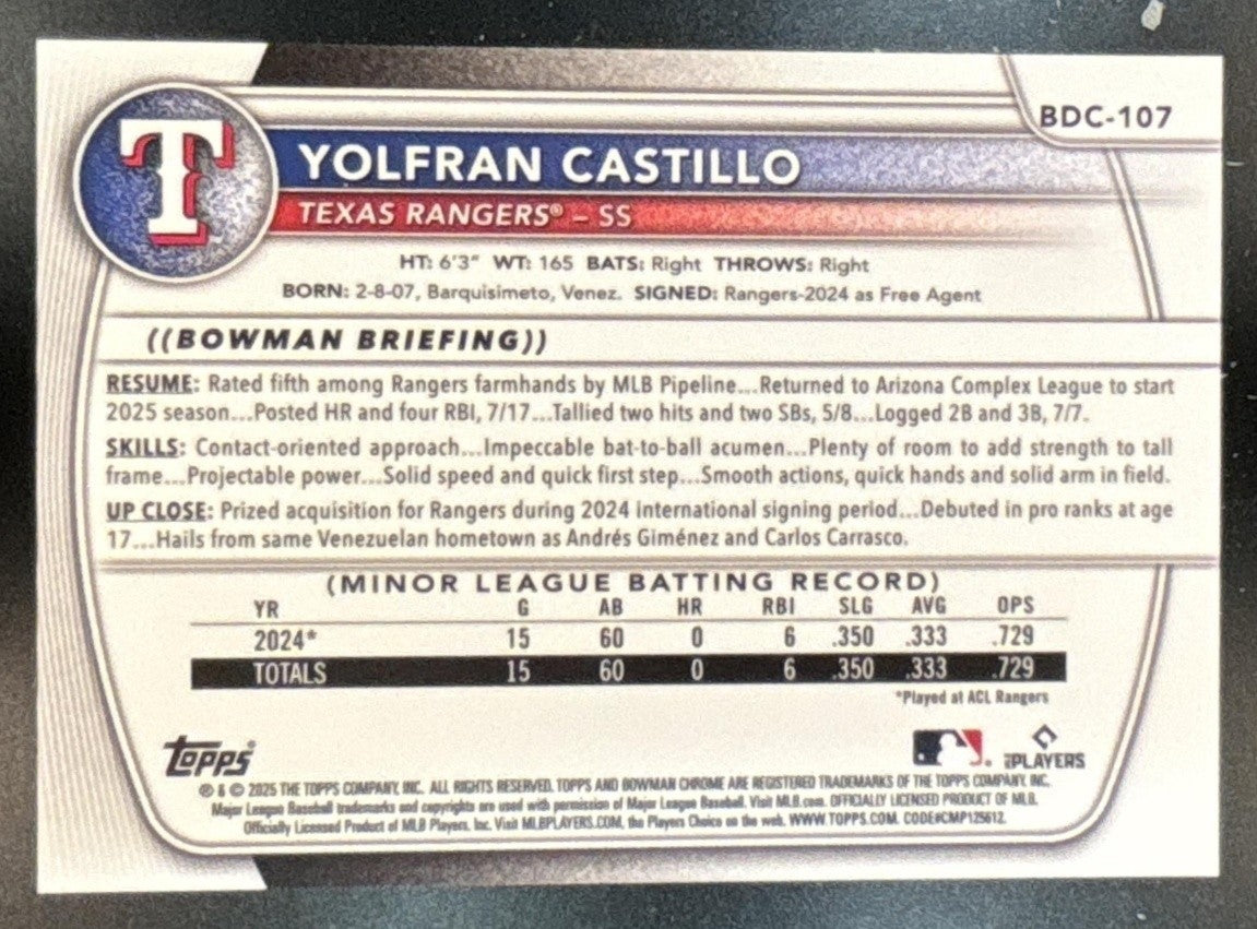 2025 Bowman Draft Yolfran Castillo Chrome Black X-Fractor /10 #BDC-107 Rangers
