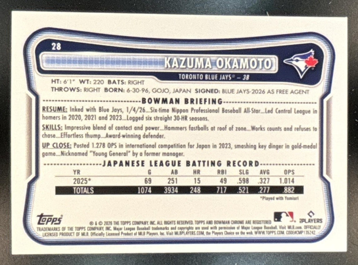 2026 Bowman Kazuma Okamoto Blue Border /150 #28 RC Toronto Jays
