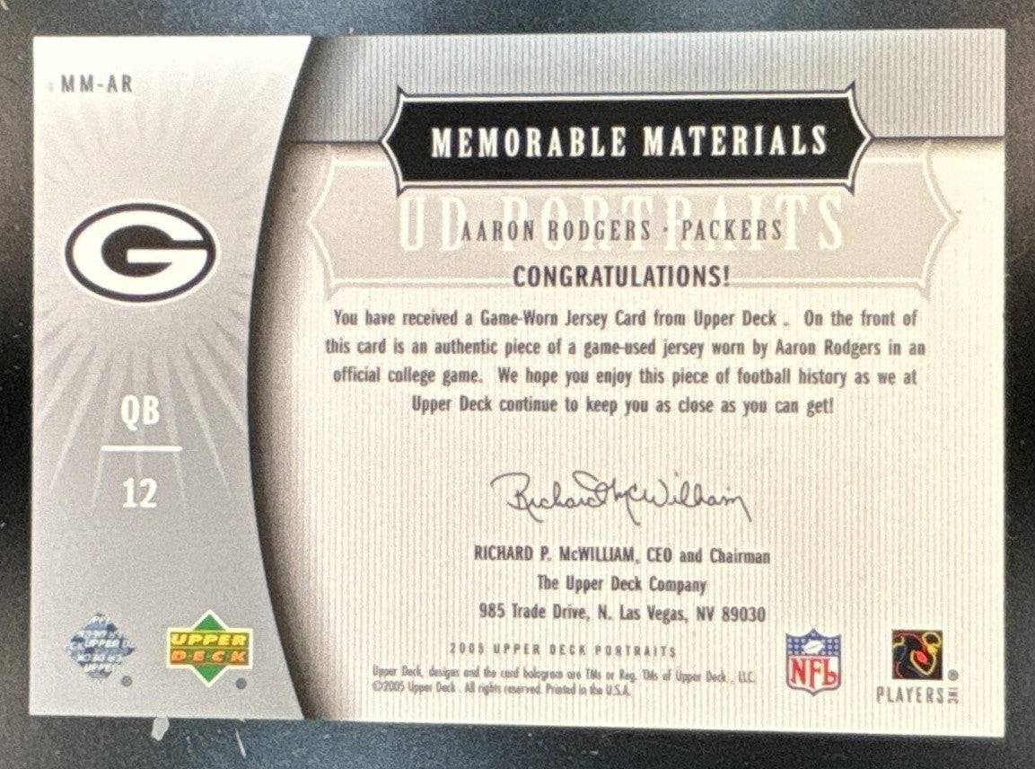 2005 Upper Deck Portraits Aaron Rodgers Memorable Materials RC Green Bay Packers