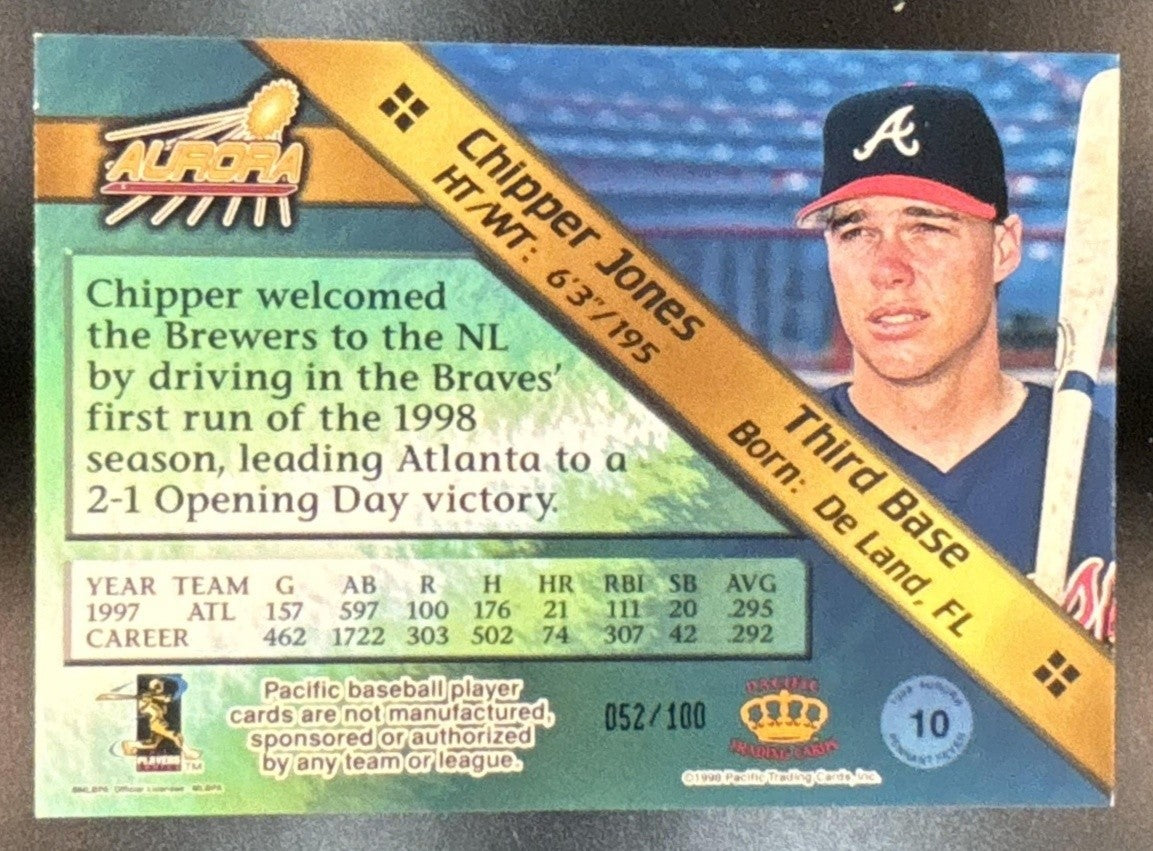 1998 Pacific Aurora Chipper Jones Pennant Fever Platinum Blue /100 #10 Braves