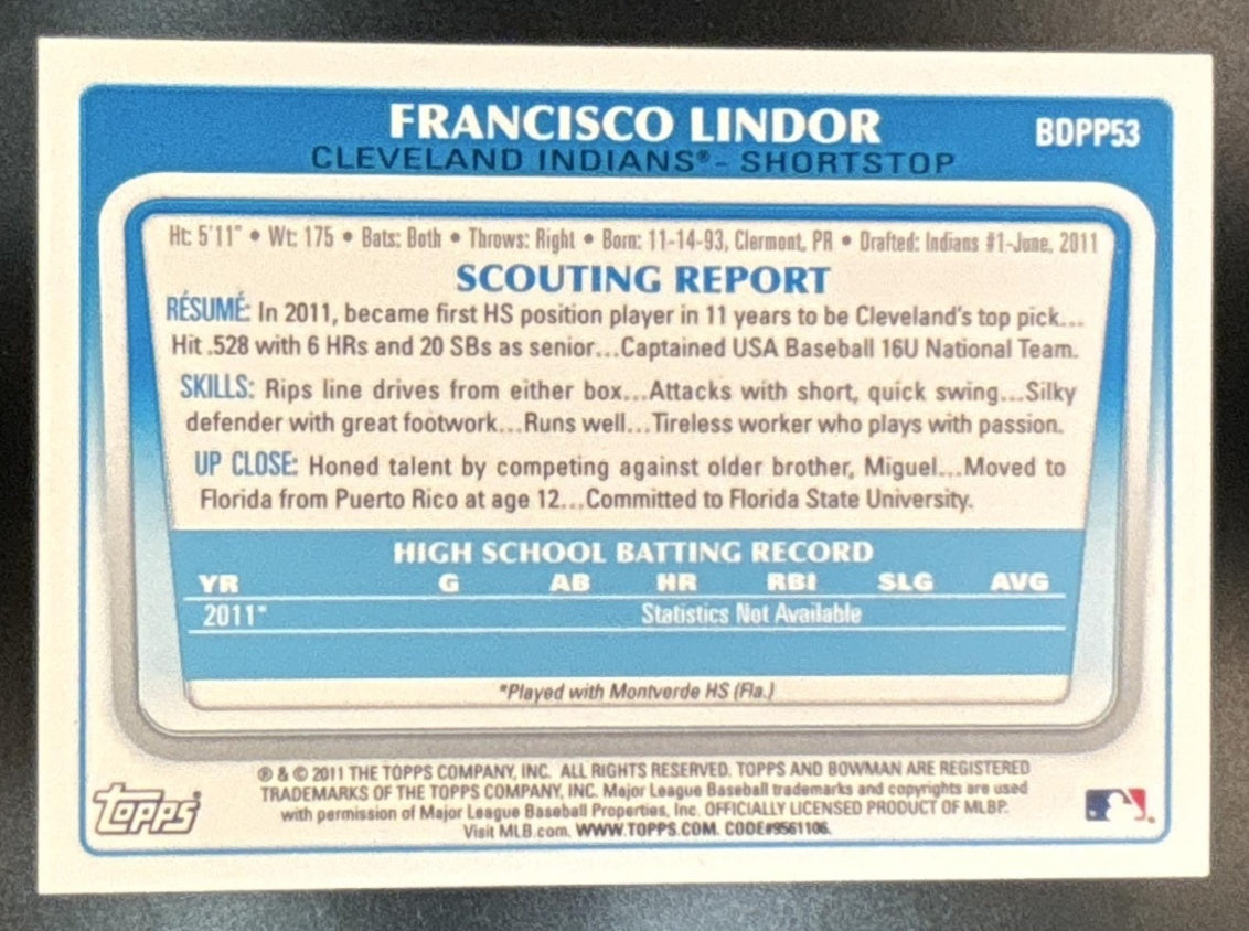 2011 Bowman Draft Picks & Prospects Francisco Lindor #BDPP53 Cleveland Indians