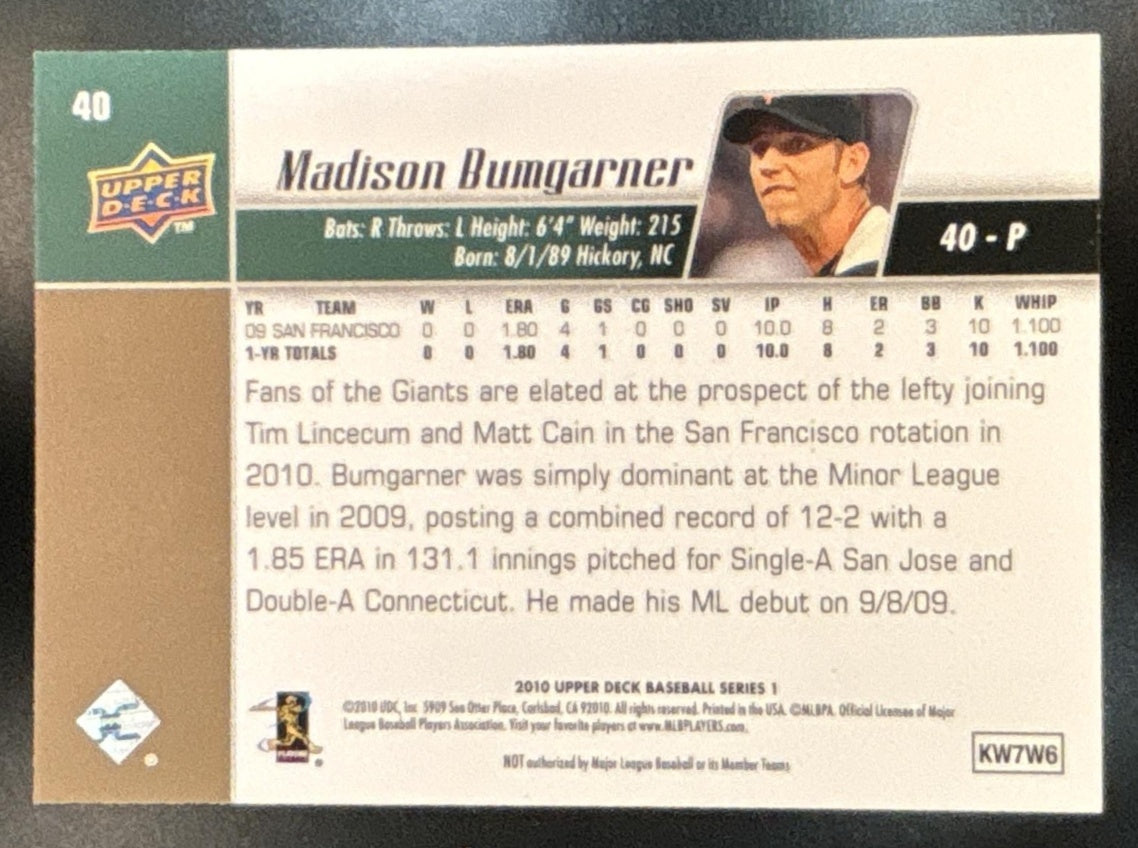 2010 Upper Deck Madison Bumgarner #40 RC San Francisco Giants