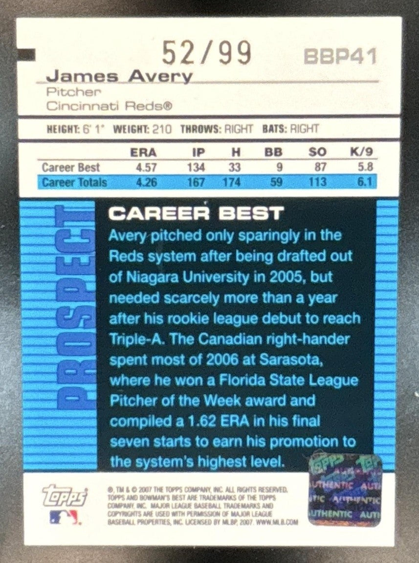 2007 Bowman's Best James Avery Prospects Auto Blue /99 #BBP41 Cincinnati Reds