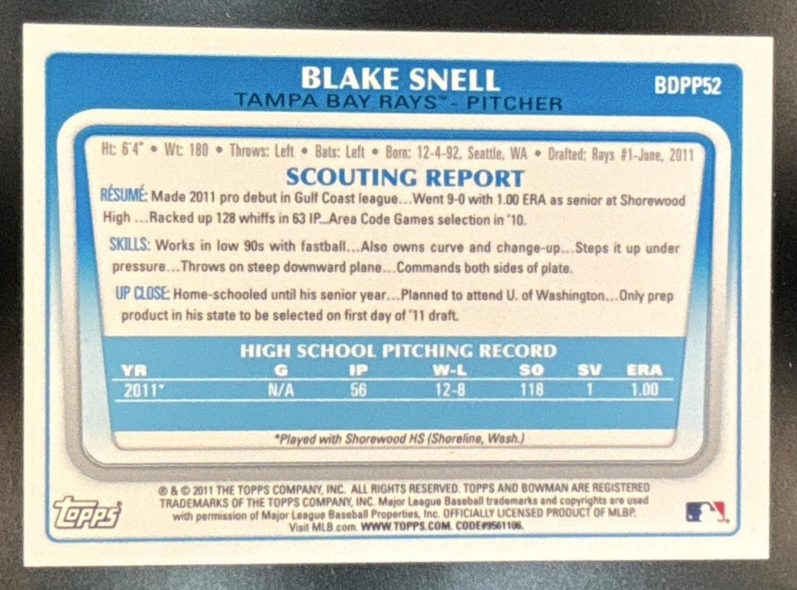 2011 Bowman Draft Picks & Prospects Blake Snell #BDPP52 Tampa Bay Rays