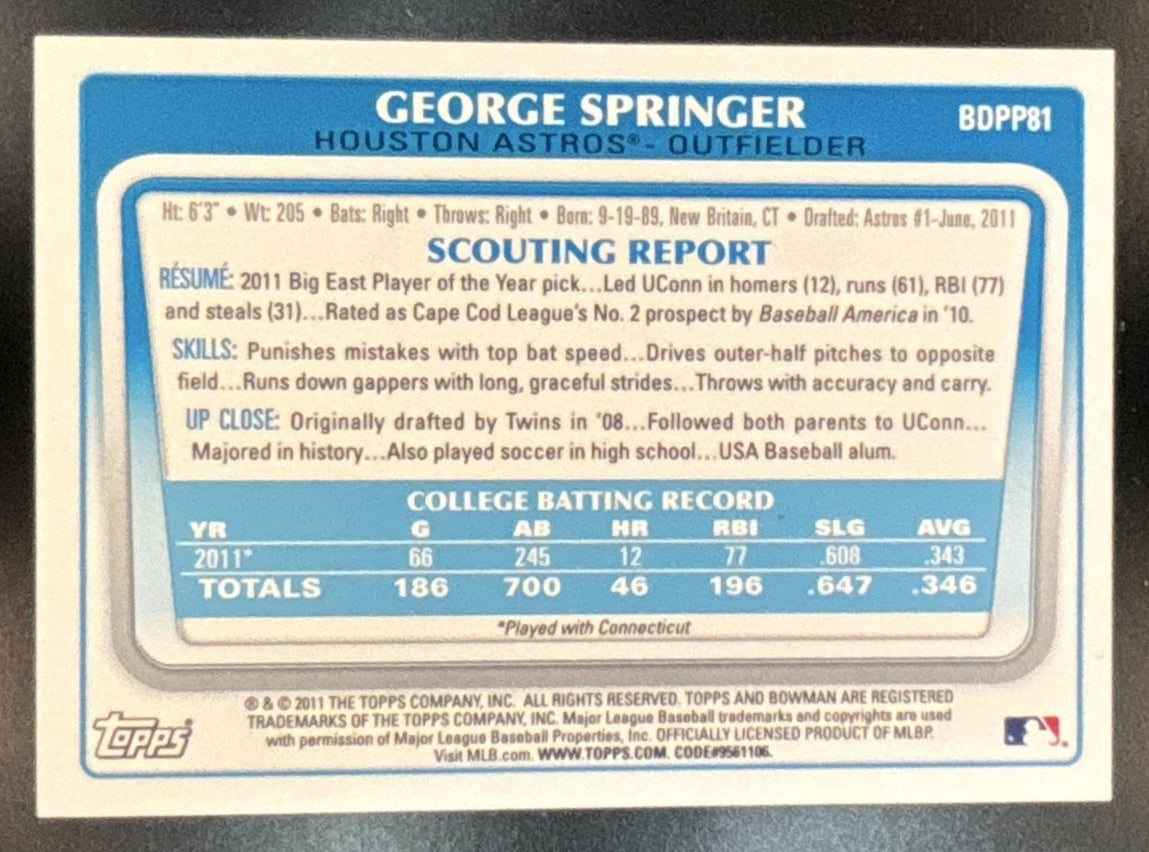 2011 Bowman Draft Picks & Prospects George Springer #BDPP81 Houston Astros