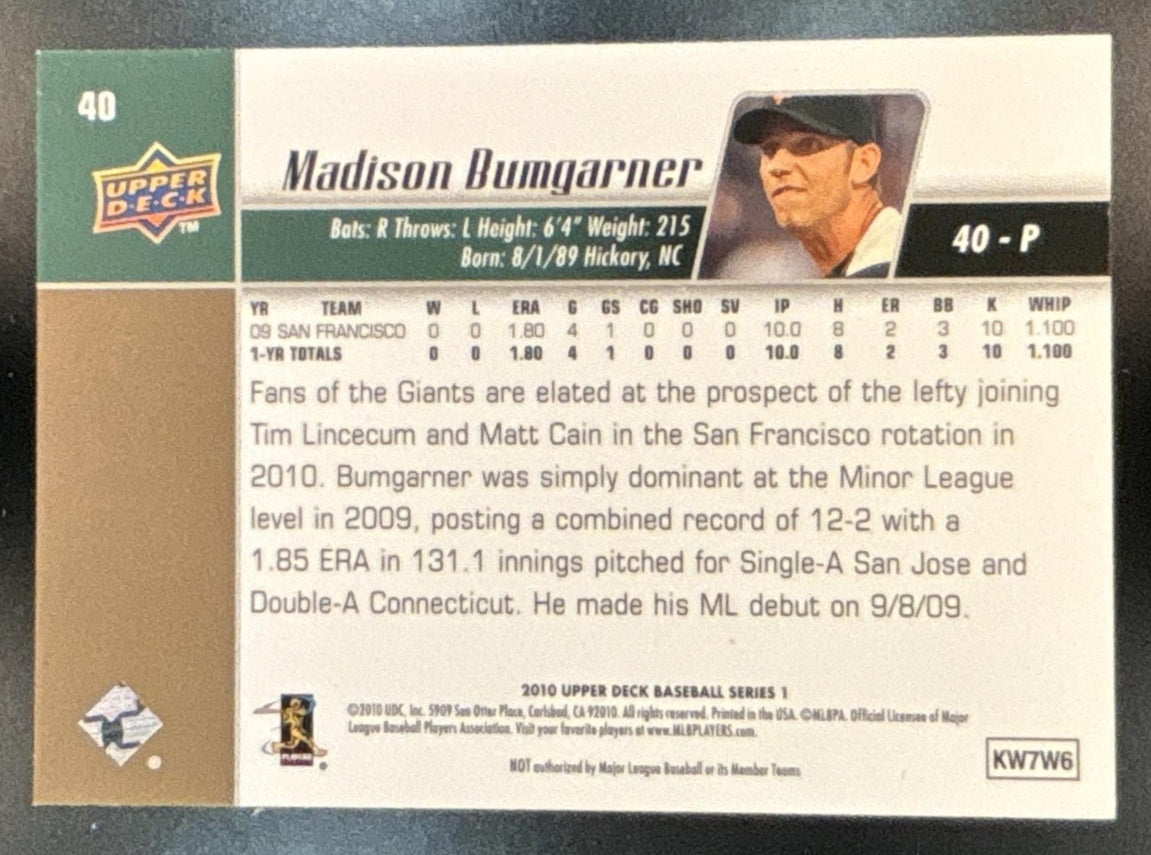 2010 Upper Deck Madison Bumgarner #40 RC Giants