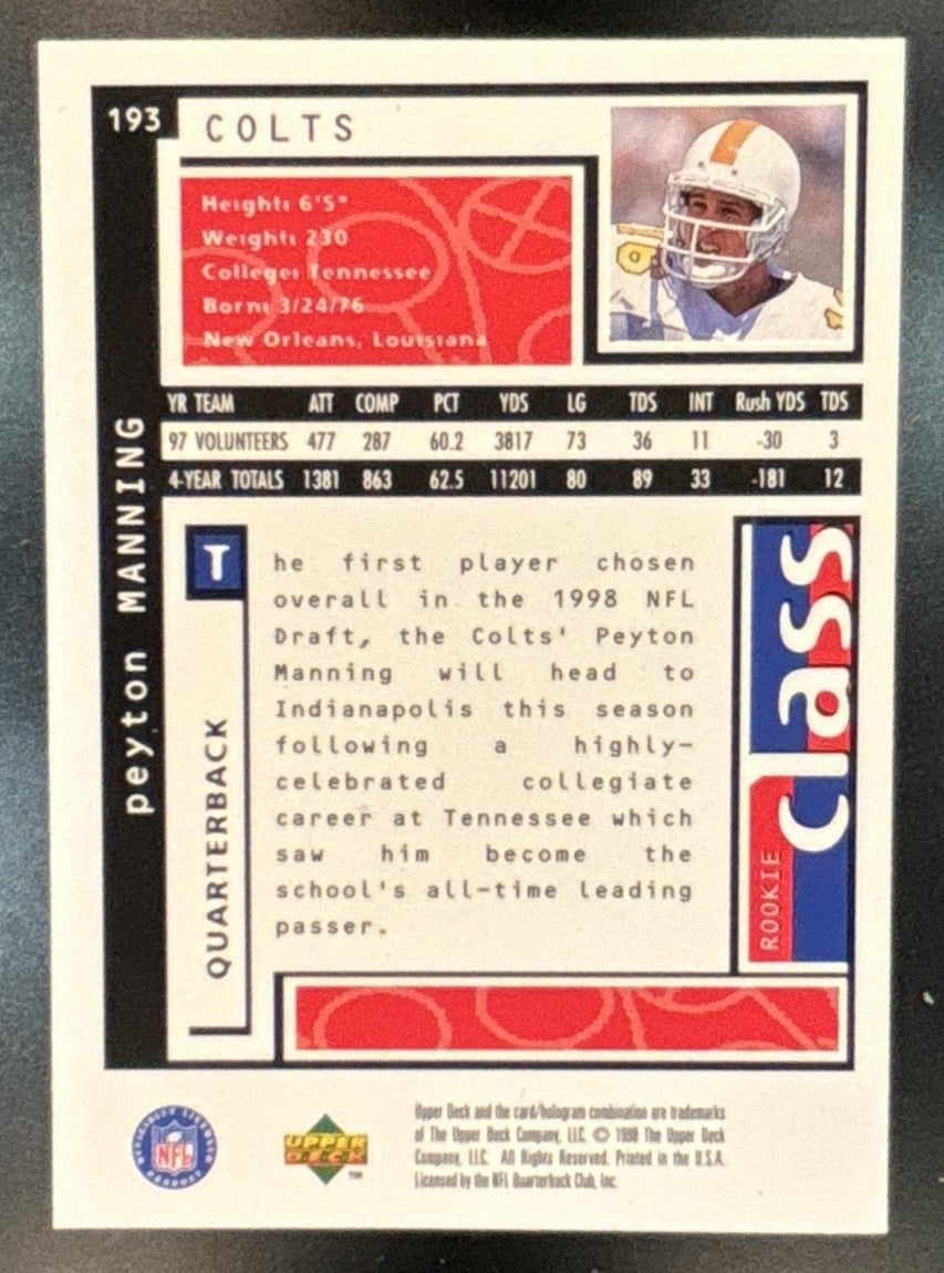 1998 Upper Deck Choice Peyton Manning #193 RC Indianapolis Colts