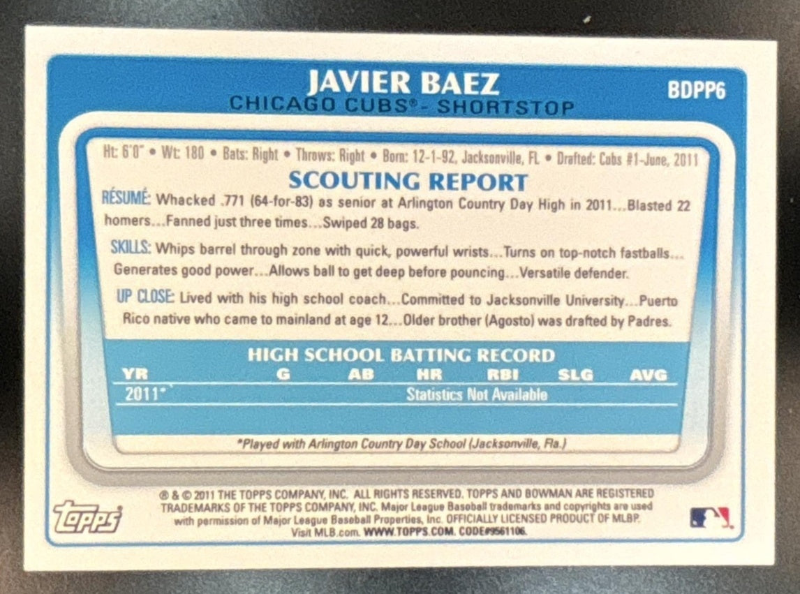 2011 Bowman Draft Picks & Prospects Javier Baez #BDPP6 Chicago Cubs