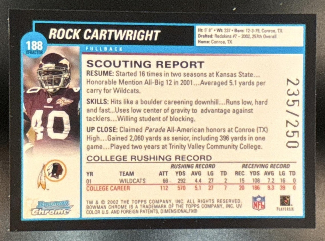 2002 Bowman Chrome Rock Cartwright Xfractors /250 #188 RC Washington Redskins
