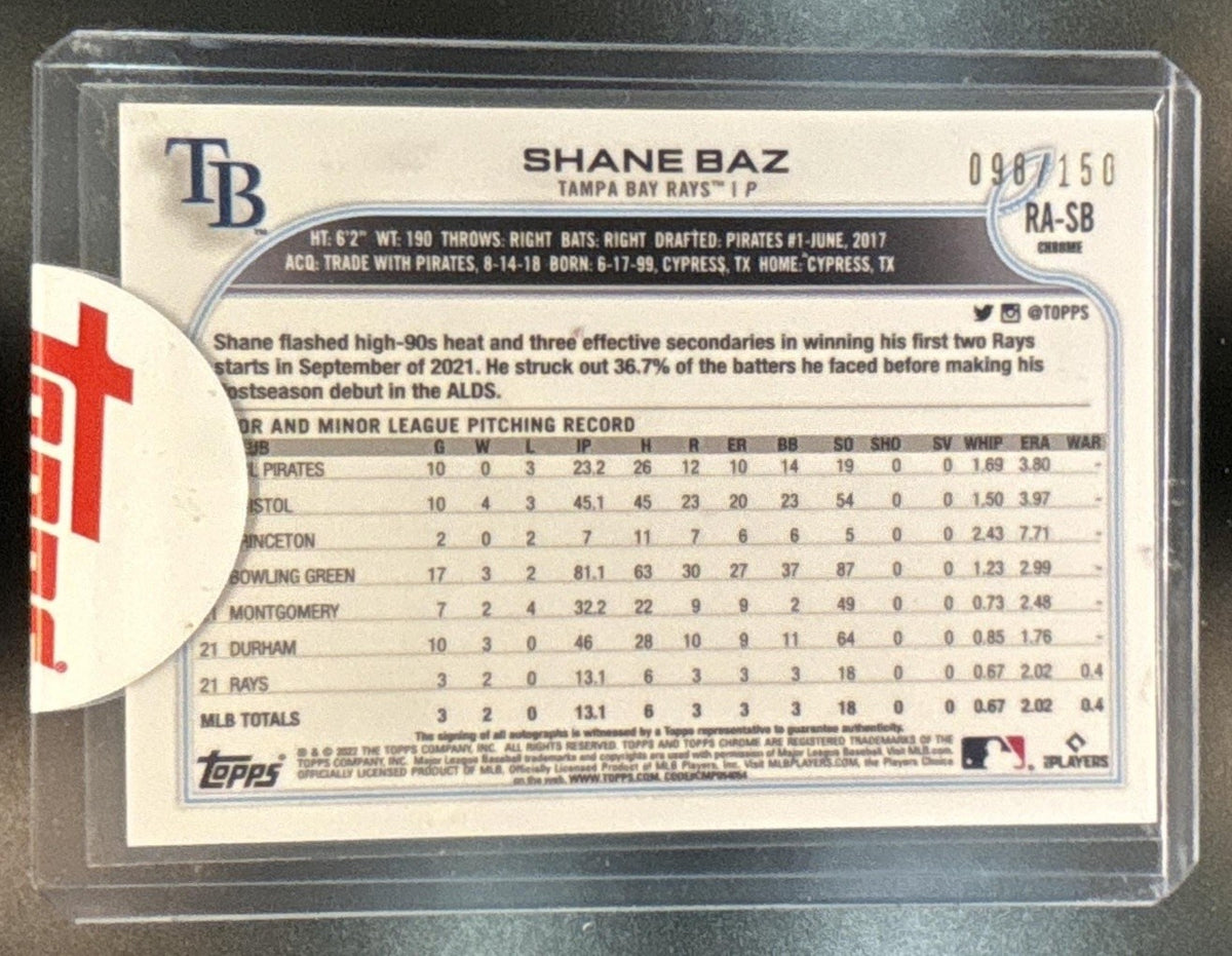 2022 Topps Chrome Shane Baz Rookie Auto Blue Refractor /150 RC Tampa Bay Rays