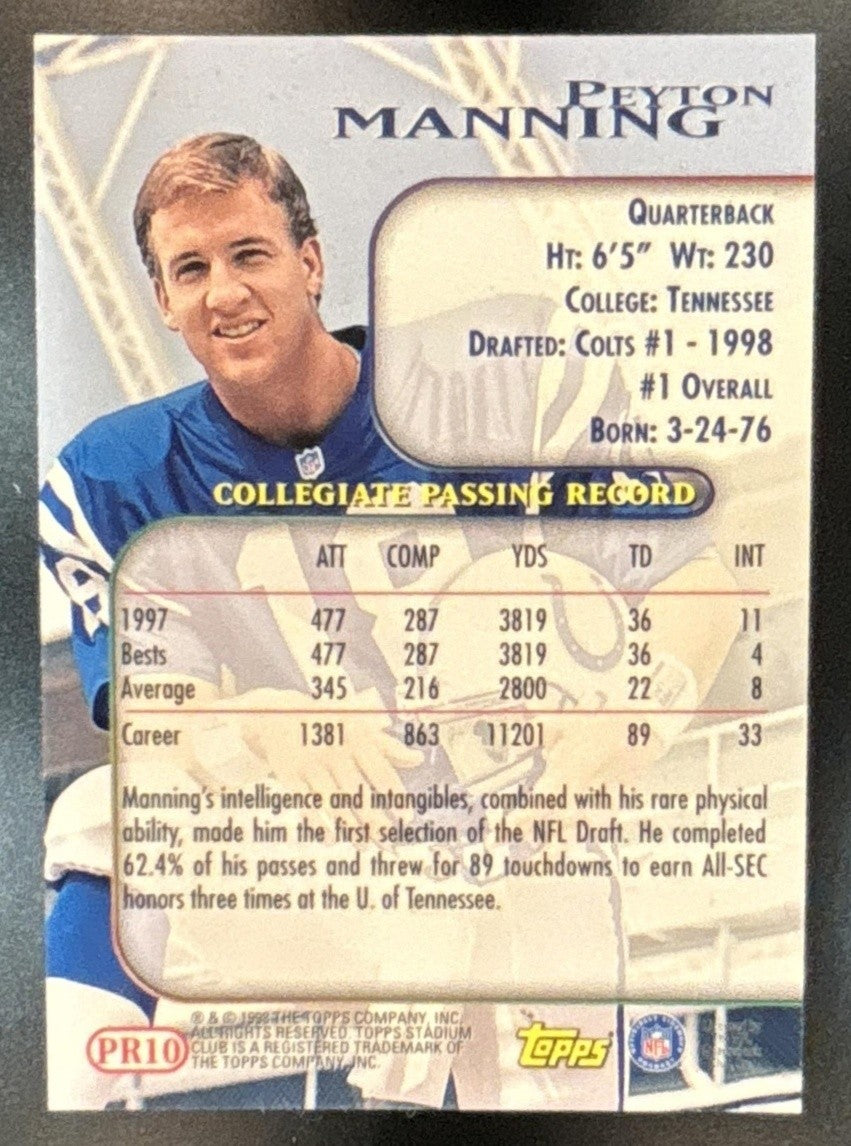 1998 Topps Stadium Club Peyton Manning Prime Rookies #PR10 RC Indianapolis Colts