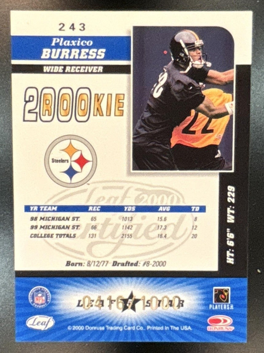 2000 Leaf Certified Plaxico Burress /1000 #243 RC Pittsburgh Steelers