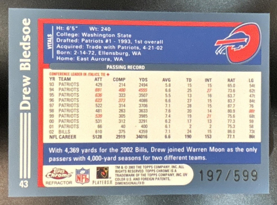 2003 Topps Chrome Drew Bledsoe Black Refractor /599 #43 Buffalo Bills
