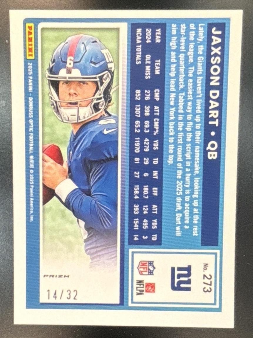 2025 Panini Donruss Optic Jaxson Dart Team Logo Prizm /32 #273 New York Giants