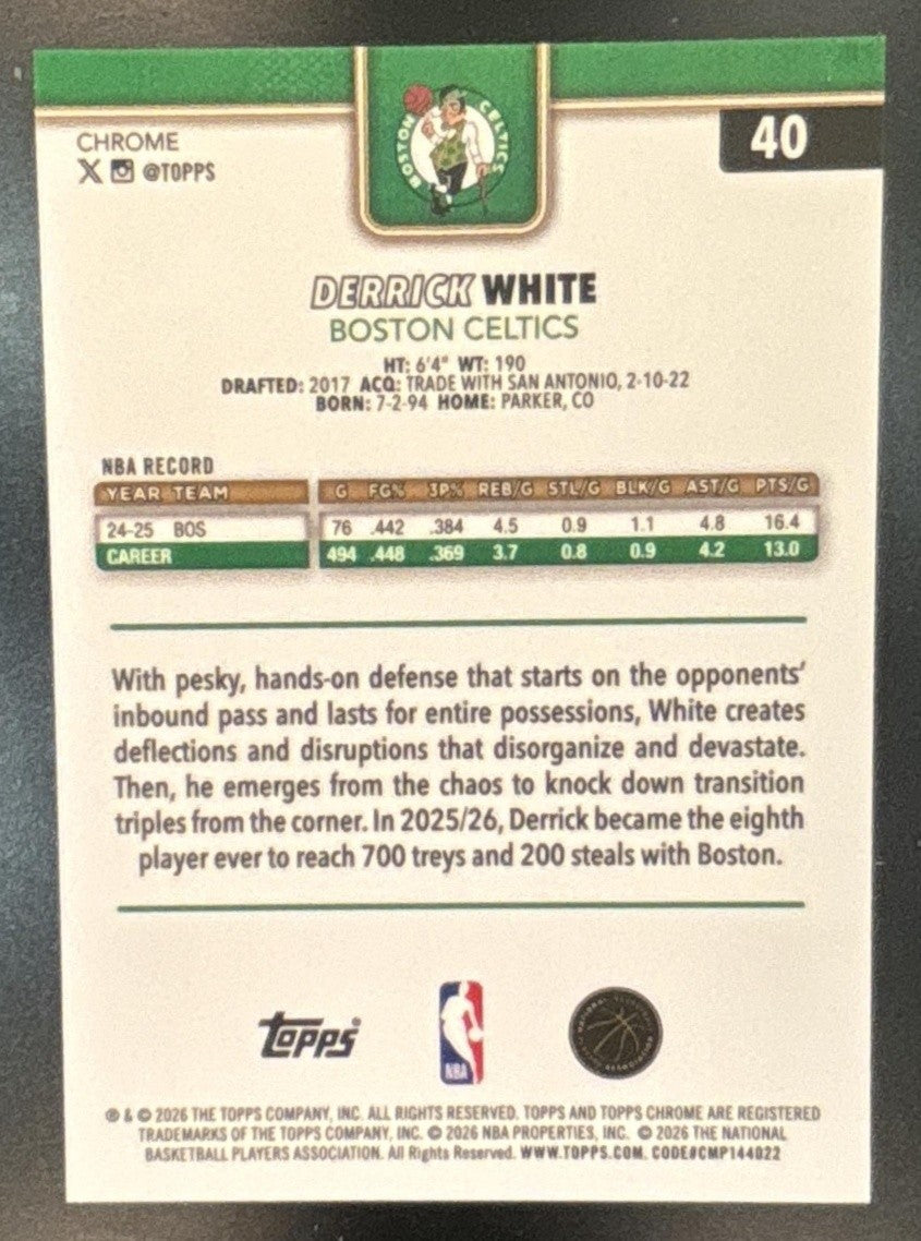 2025-26 Topps Chrome Update Derrick White Red Refractor /5 #40 Boston Celtics