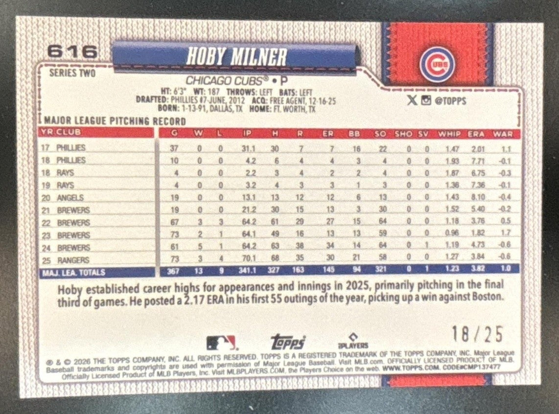 2026 Topps Series 2 Hoby Milner Wood /25 #616 SSP Chicago Cubs