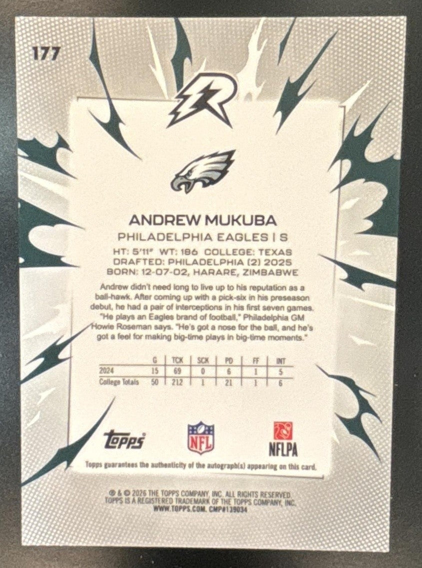 2025 Topps Resurgence Andrew Mukuba Blue Surge Auto /99 RC Philadelphia Eagles