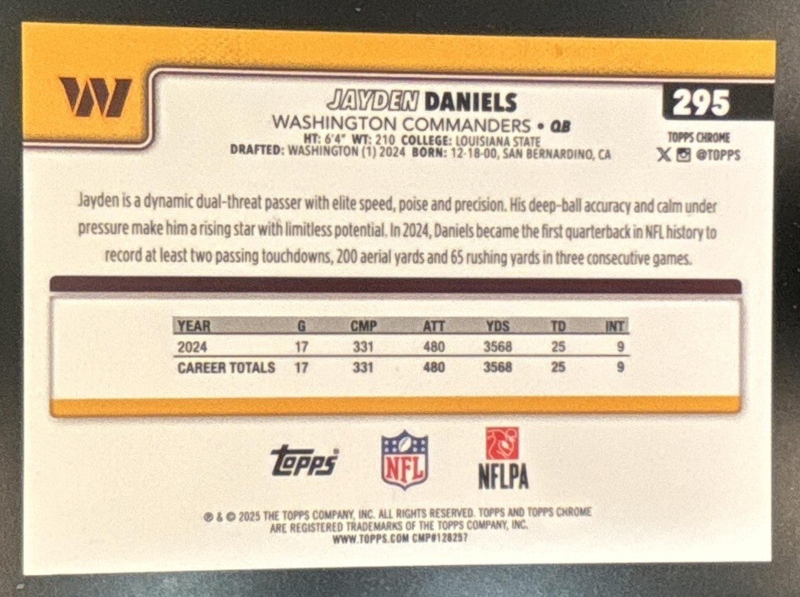 2025 Topps Chrome Jayden Daniels Football Leather Gold /50 #295 Commanders