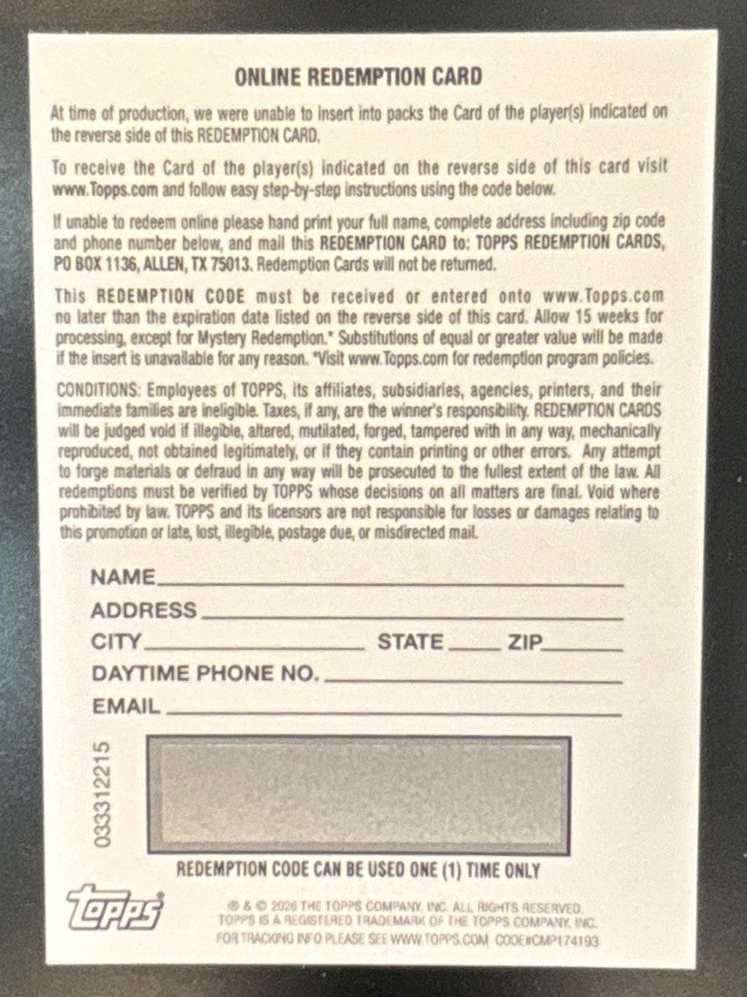 2026 Topps Finest Cam Schlittler Moments Auto REDEMPTION RC New York Yankees