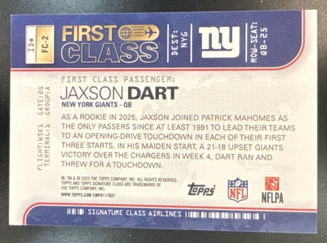 2025 Topps Signature Class Jaxson Dart First #FC-2 RC SSP New York Giants