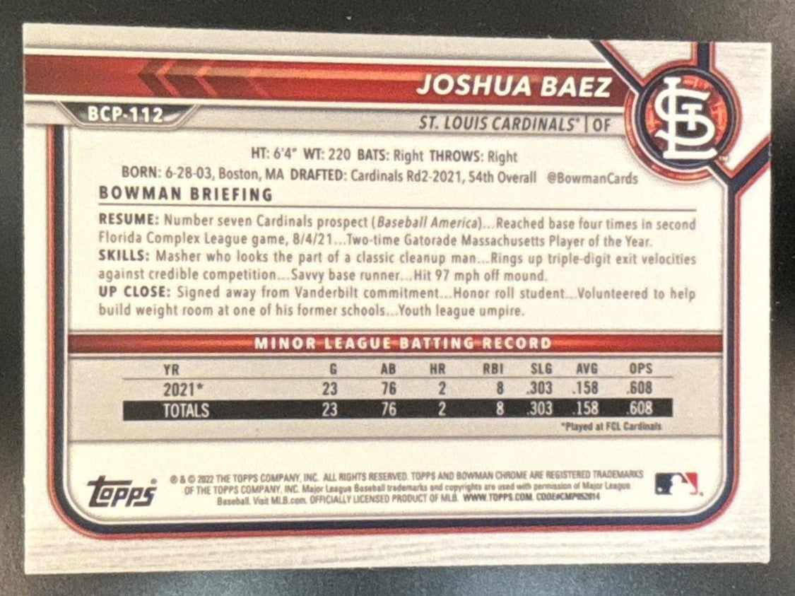 2022 Bowman Mega Box Joshua Baez Mojo Refractor #BCP-112 St. Louis Cardinals