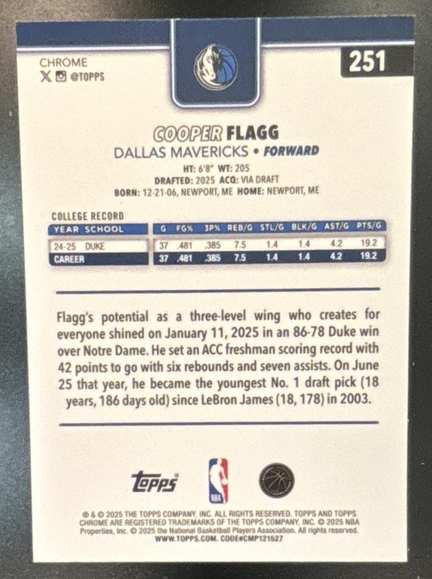 2025-26 Topps Chrome Cooper Flagg X-Fractor #251 RC Dallas Mavericks