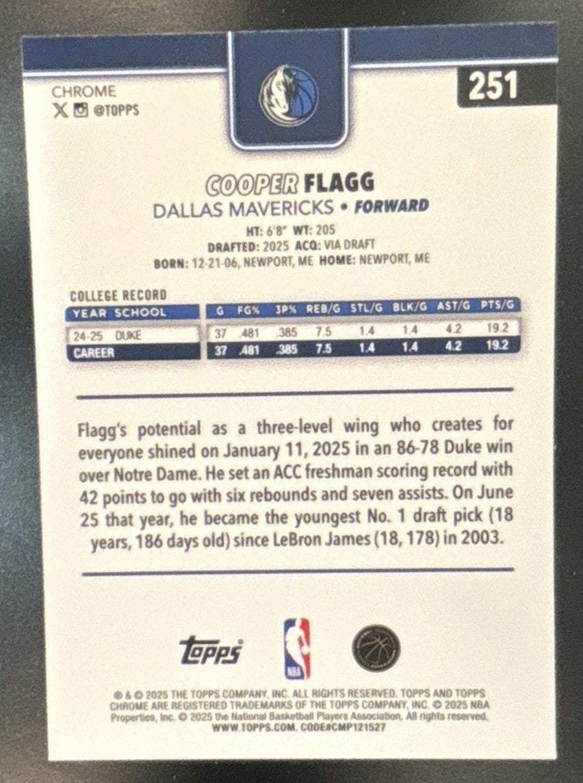 2025-26 Topps Chrome Cooper Flagg Basketball Refractor #251 RC Mavericks
