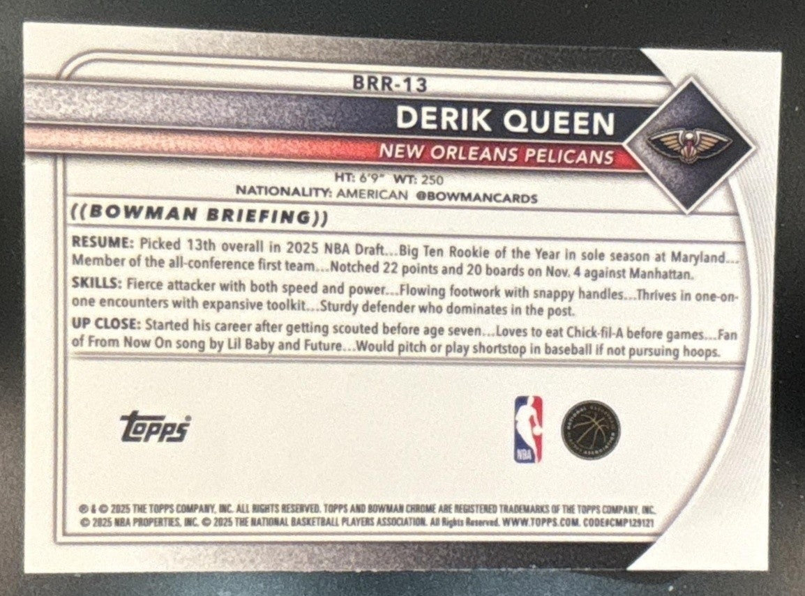 2025-26 Bowman Derik Queen Chrome Red Rookie Variation SP RC Pelicans