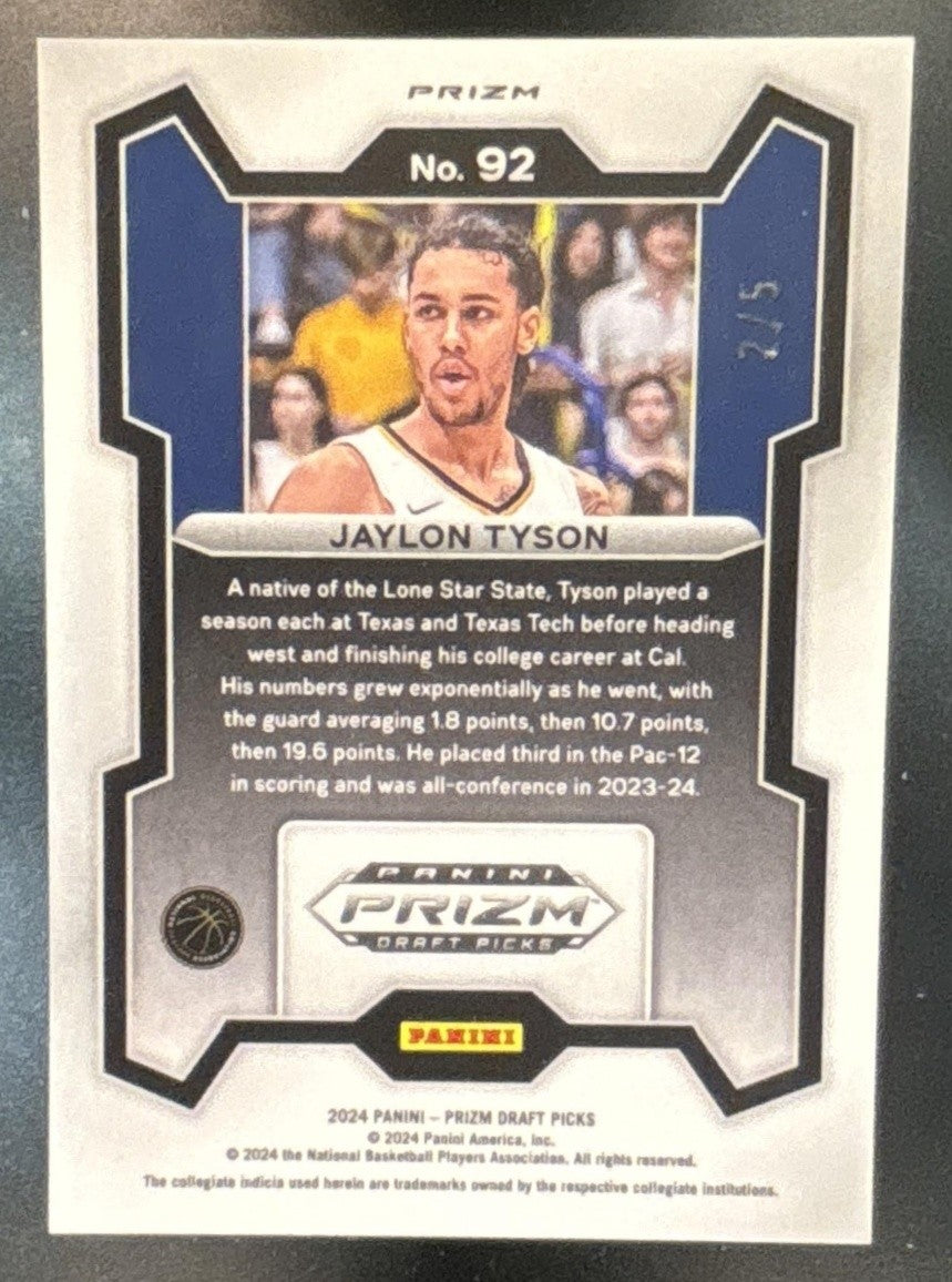2024 Panini Prizm Draft Picks Collegiate Jaylon Tyson Black Gold /5 #92 RC