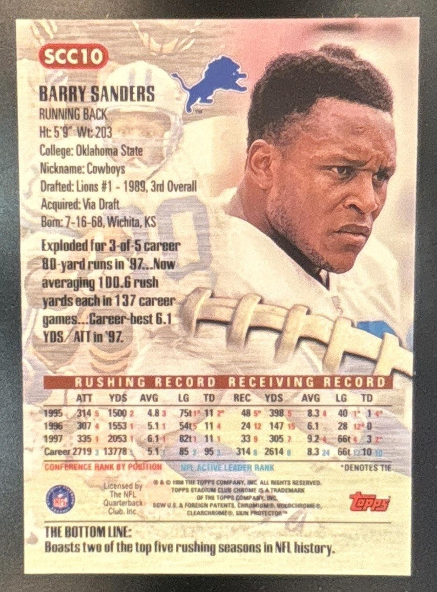 1998 Topps Stadium Club Barry Sanders Chrome #SCC10 Detroit Lions