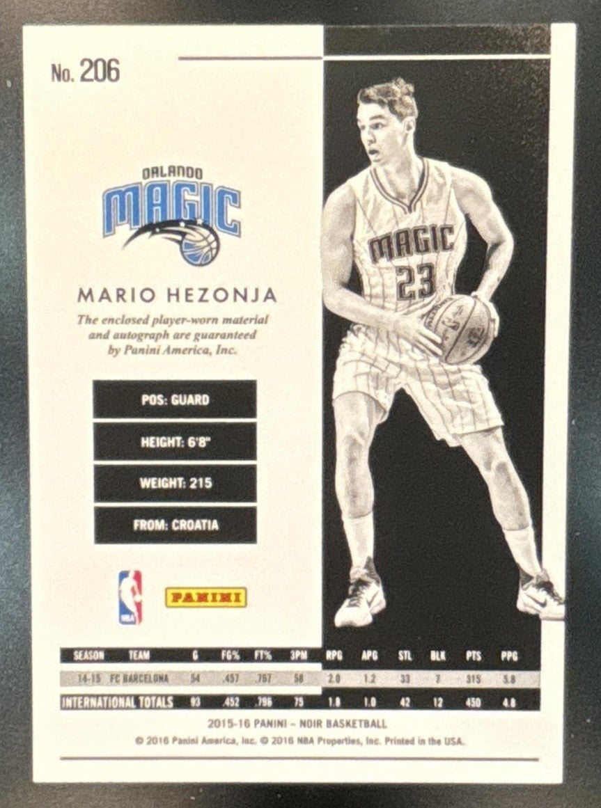 2015-16 Panini Noir Mario Hezonja /99 Patch #206 RC Auto MEM Orlando Magic