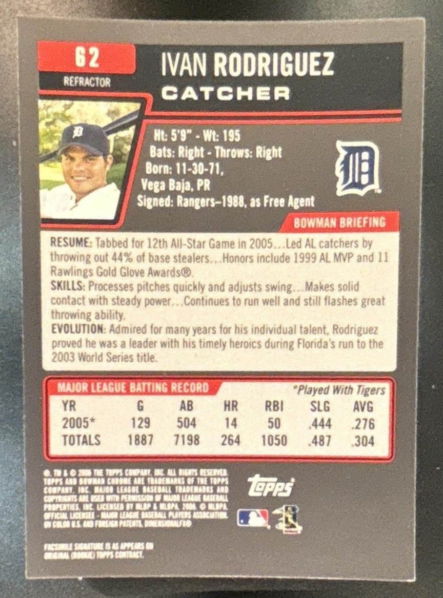 2006 Bowman Chrome Ivan Rodriguez Refractor #62 Tigers