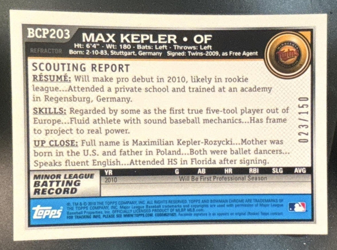 2010 Bowman Chrome Max Kepler Prospects Blue /150 #BCP203 Minnesota Twins